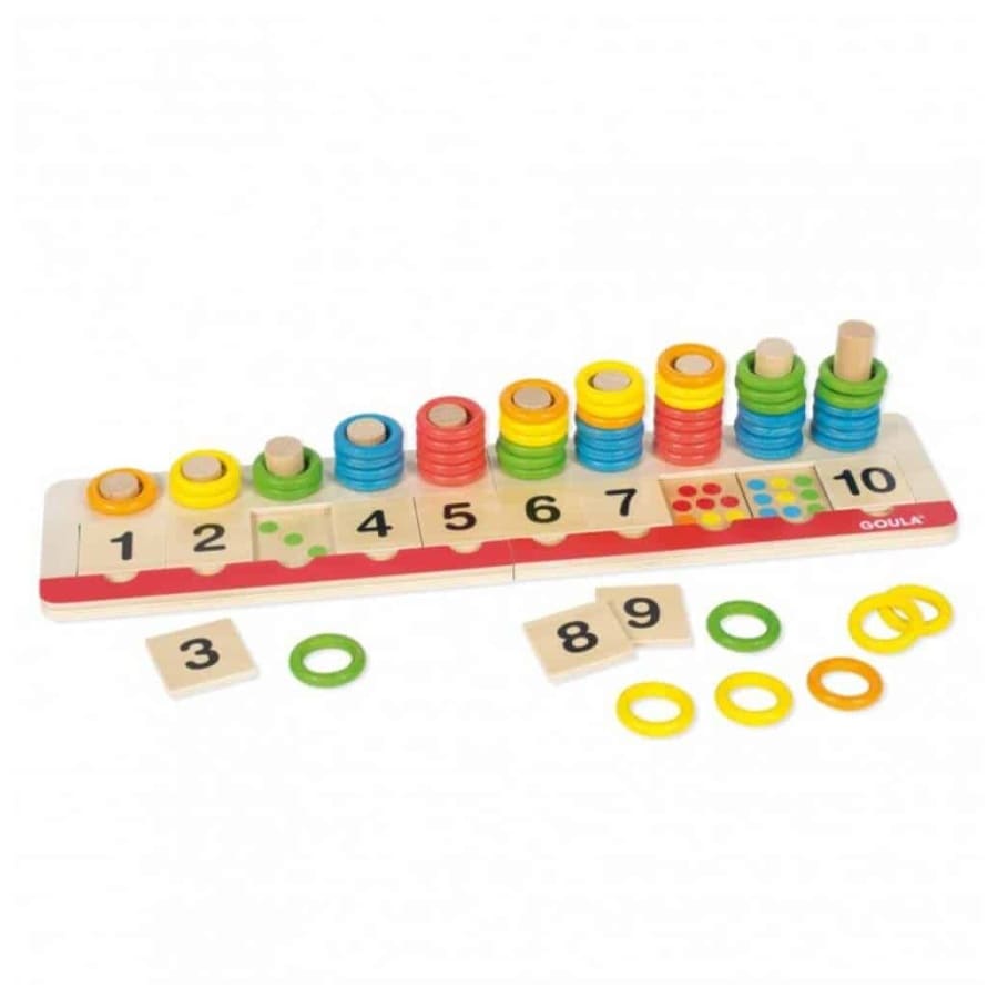 Descubra o Jogo de Números Argolas Coloridas da Goula, um divertido e educativo jogo de madeira para estimular a capacidade de observação e associação de números com quantidades.