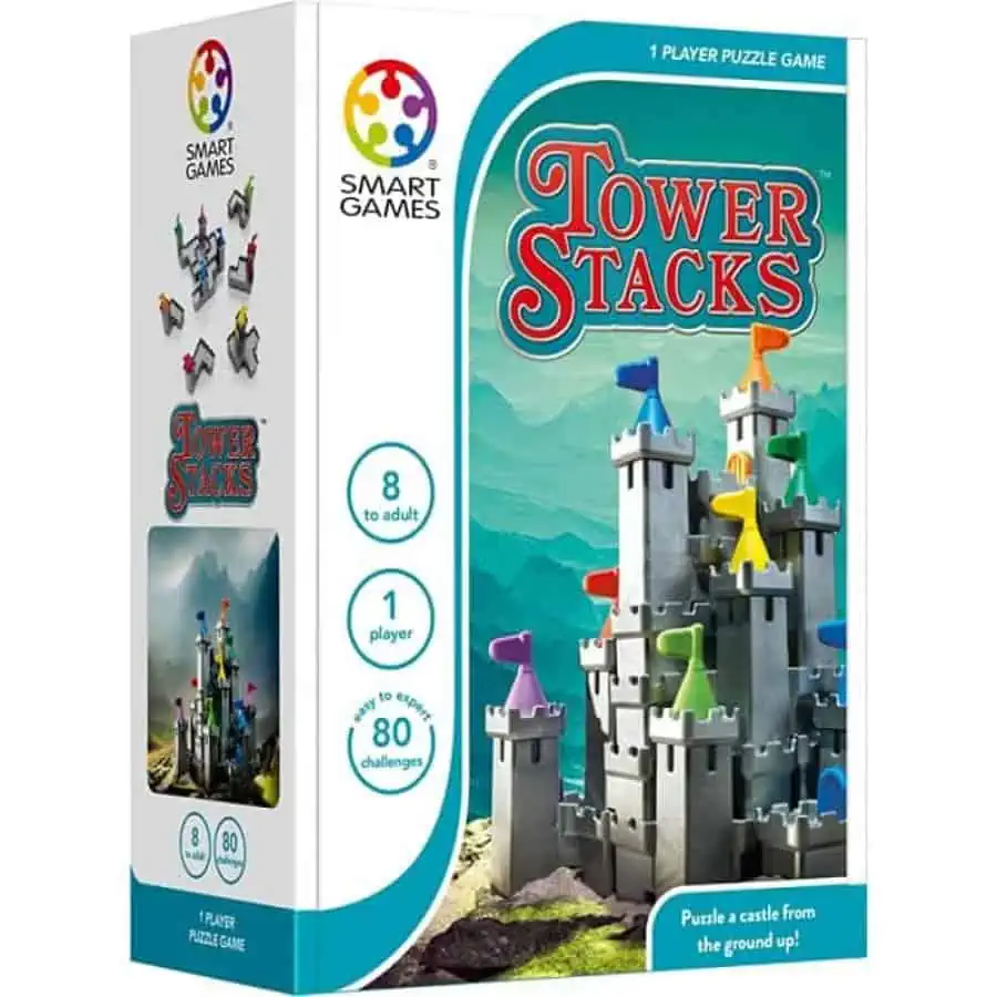 Jogo Tower Stacks da SmartGames. Jogo de lógica e raciocínio com vários níveis de dificuldade, para jogar individualmente.