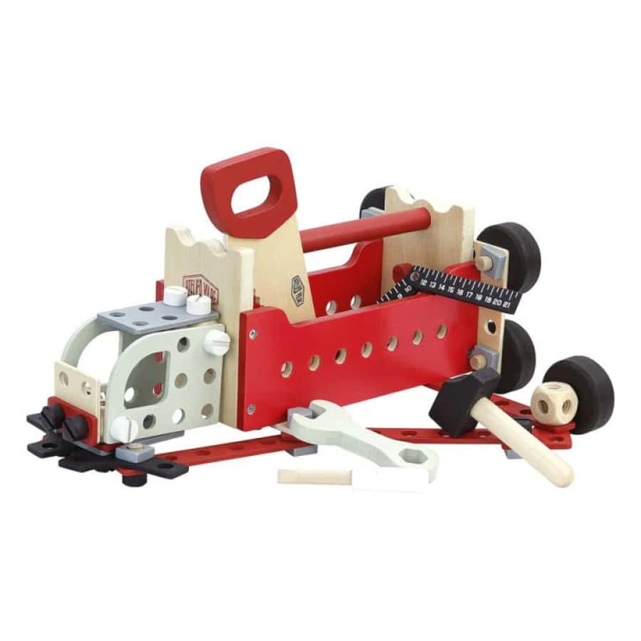 Caixa de ferramentas reversível - VILAC A Caixa de Ferramentas Reversível Atelier da Vilac, é uma perfeita bancada de trabalho. Seguindo os modelos fornecidos, as crianças podem construir os seus próprios brinquedos. Este é um brinquedo super original, criativo e estimulante para crianças que gostam de construir e reconstruir, fazendo a cada dia uma nova descoberta.